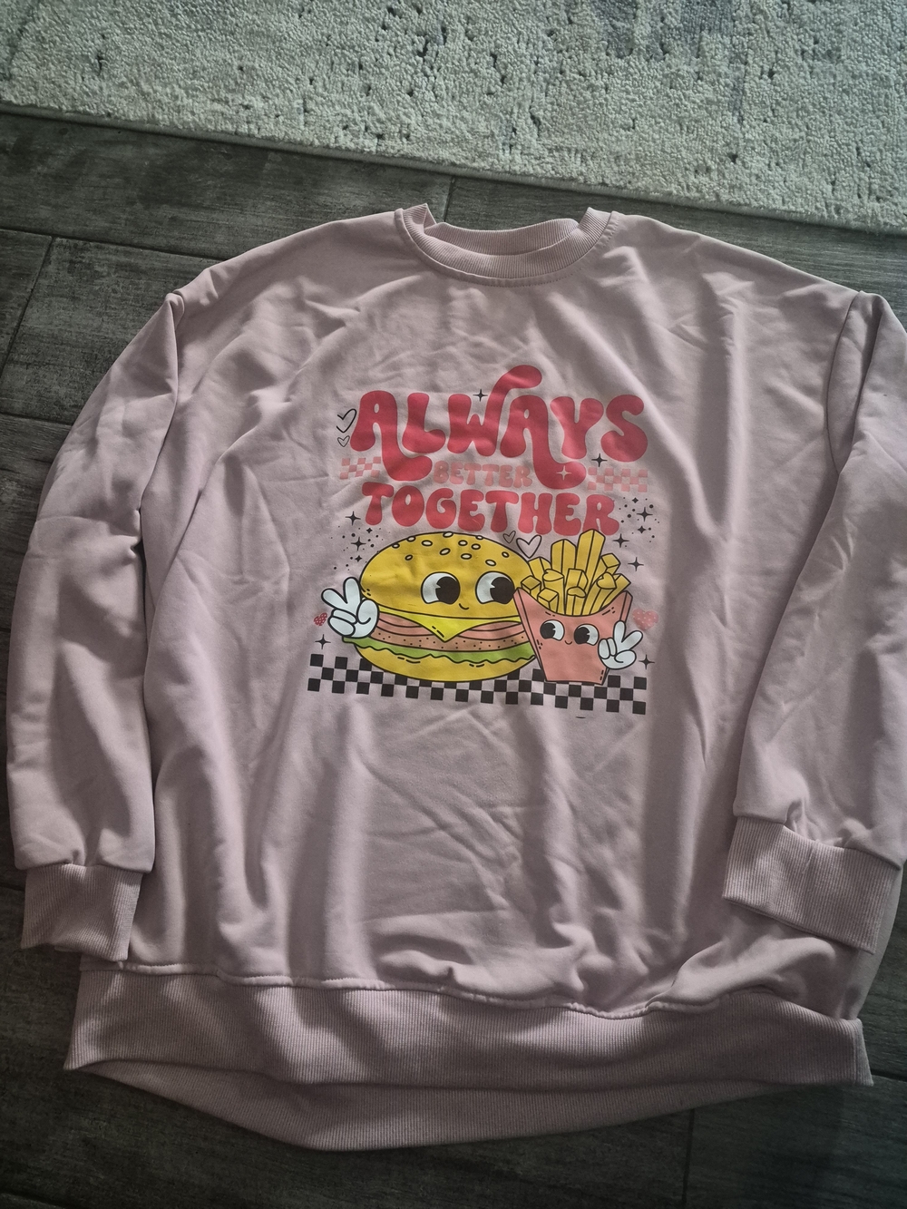 Pink 'Always Together' Cartoon Burger & Fries Graphic Sweatshirt